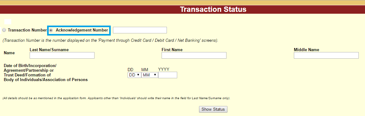 Check PAN Card Failed Transaction Status by Acknowledgement Number