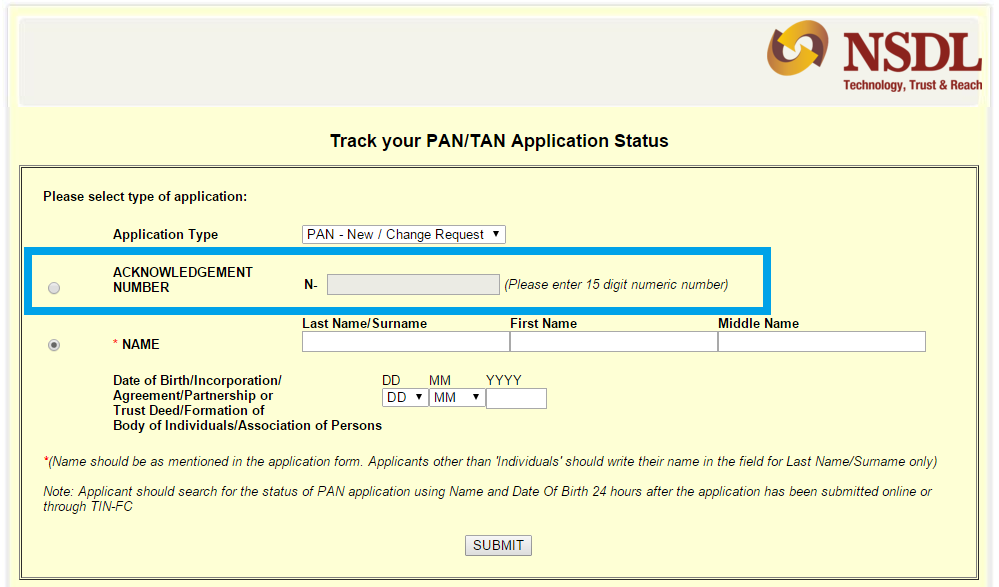 Check PAN Card Status by Acknowledgement Number