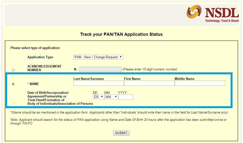 Check PAN Card Status by Name and Date of Birth