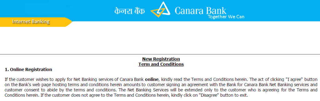 Canara Bank Net Banking registration Terms and Conditions 