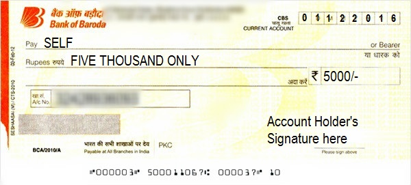 How to Write a Self Cheque in Bank of Baroda