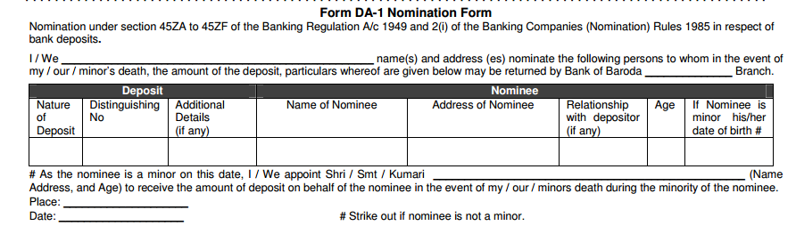 DA-1 Nomination Form in Bank of Baroda
